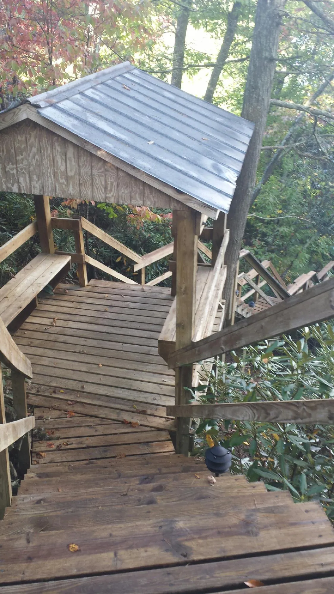 Metal roofed shelter over wooden steps on a wooded walkway — Skylight Repair & Installation work by our crew in Bowersville